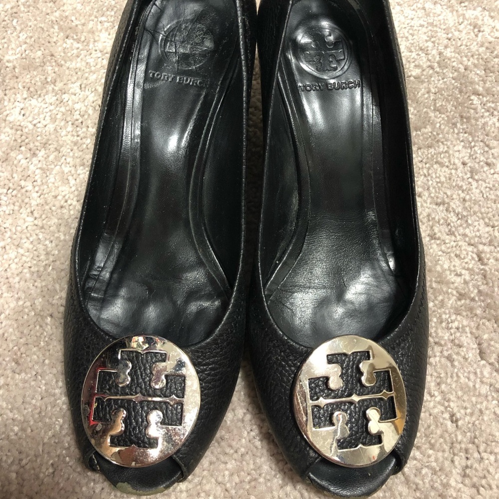 Tory Burch Black size 10 peep toe wedges